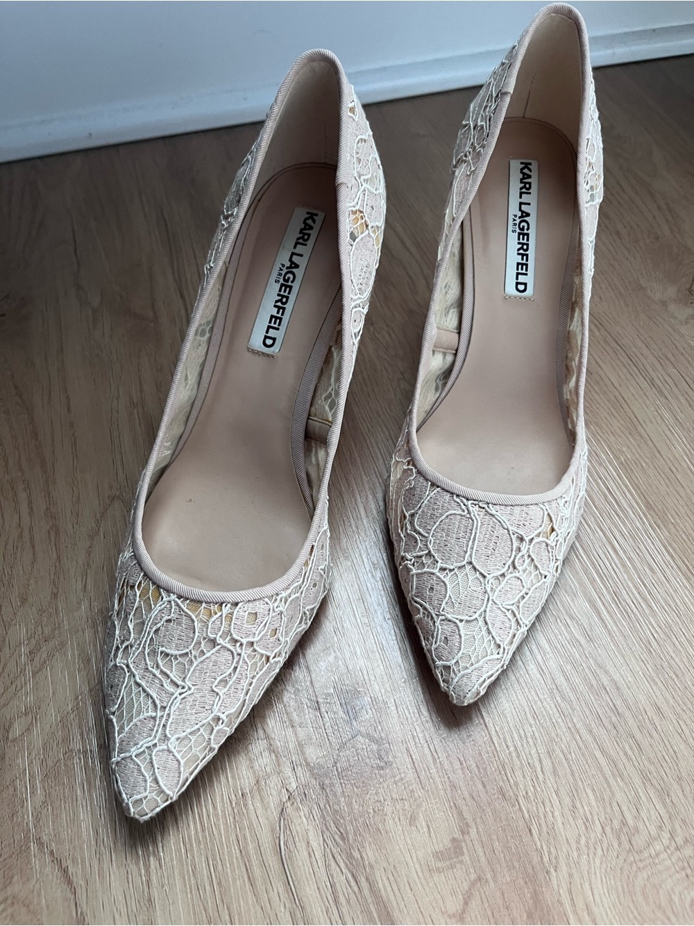 Karl Lagerfeld Women's Lace Pointed Toe Pumps in Blush